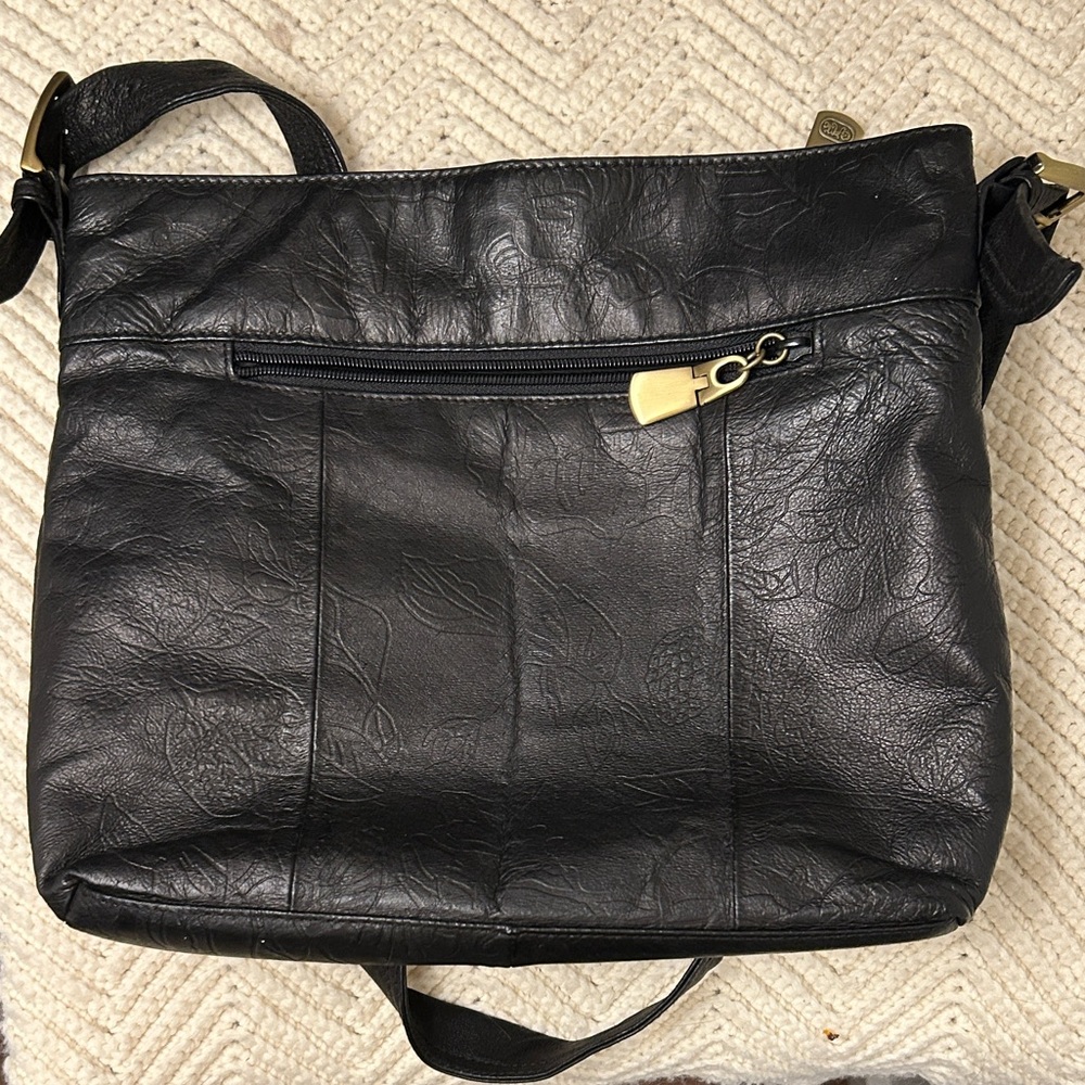Genuine Leather Embossed Black Crossbody Bag Minimalist Shoulder Bag